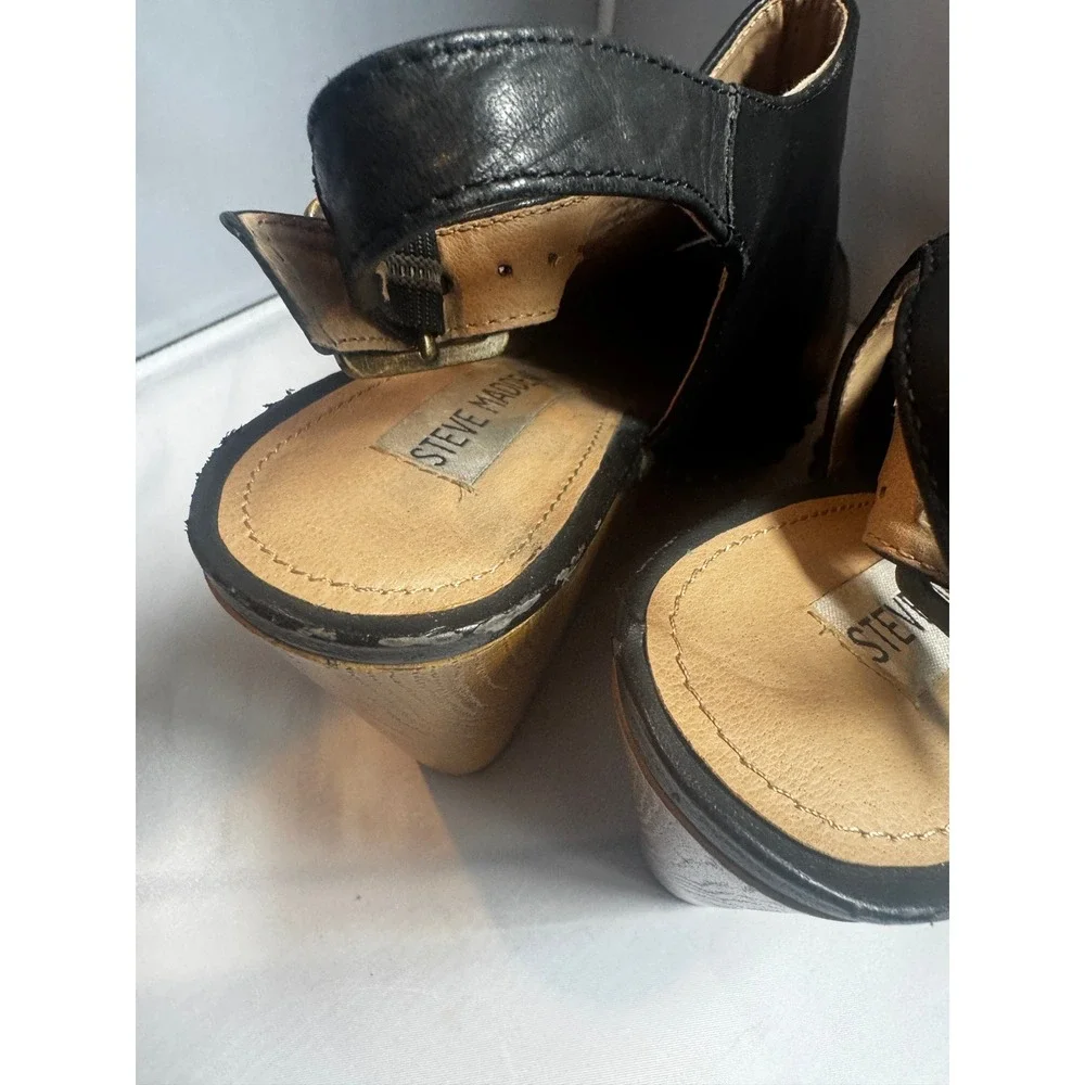Steve Madden Tryffle Black Leather Studded Wood Wedge Slingback Sandals 6.5M Y2K